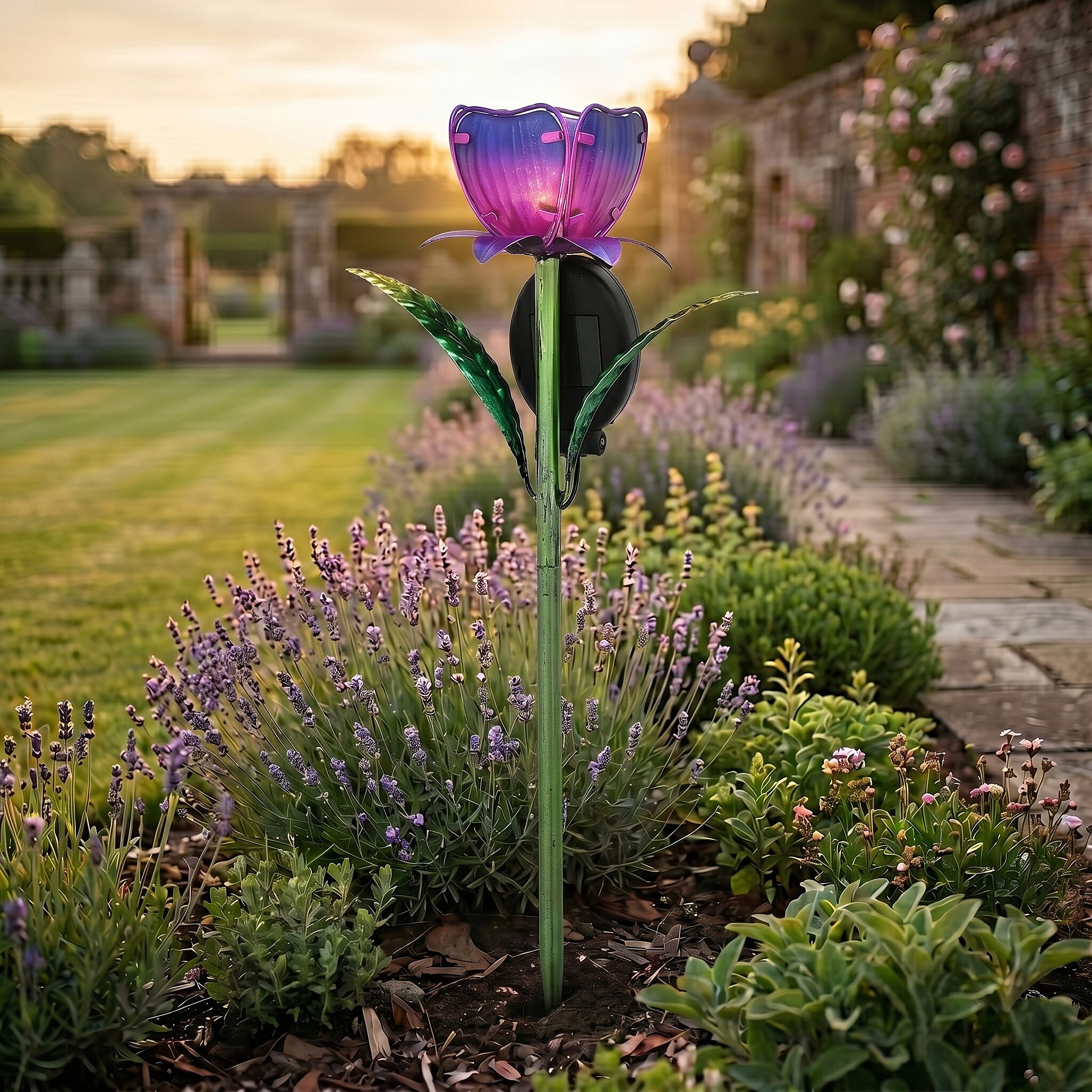 LIVMORE Solar Glass Flower Garden Stake (37cm) - Purple & Green