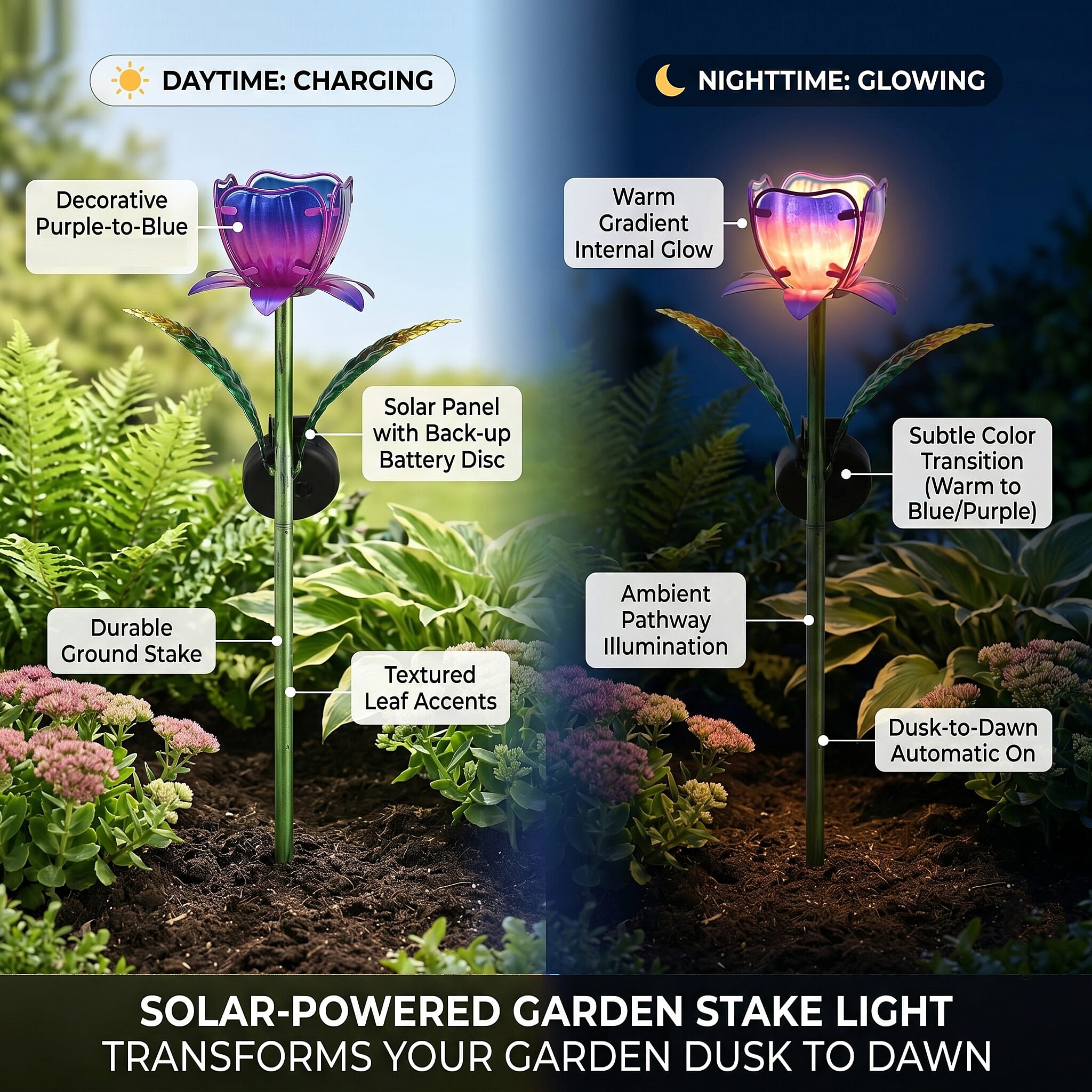LIVMORE Solar Glass Flower Garden Stake (37cm) - Purple & Green