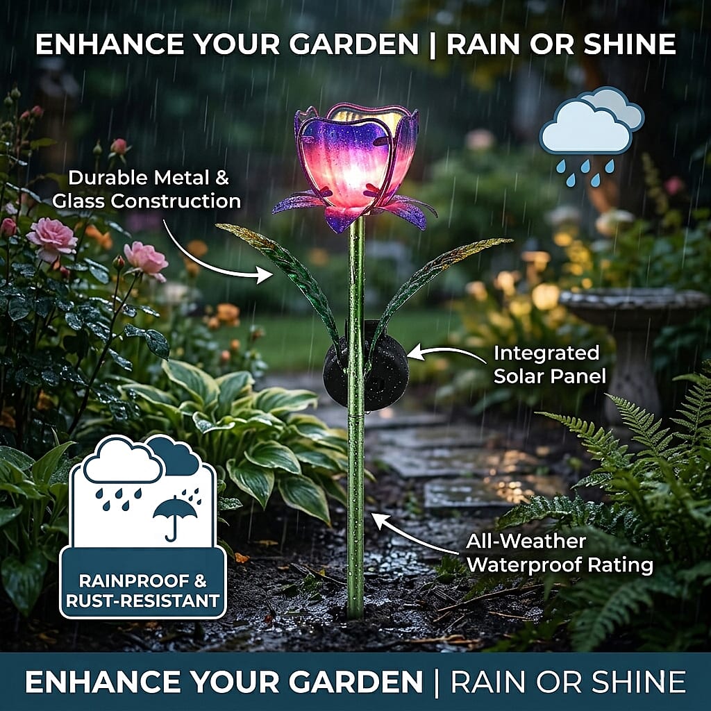 LIVMORE Solar Glass Flower Garden Stake (37cm) - Purple & Green