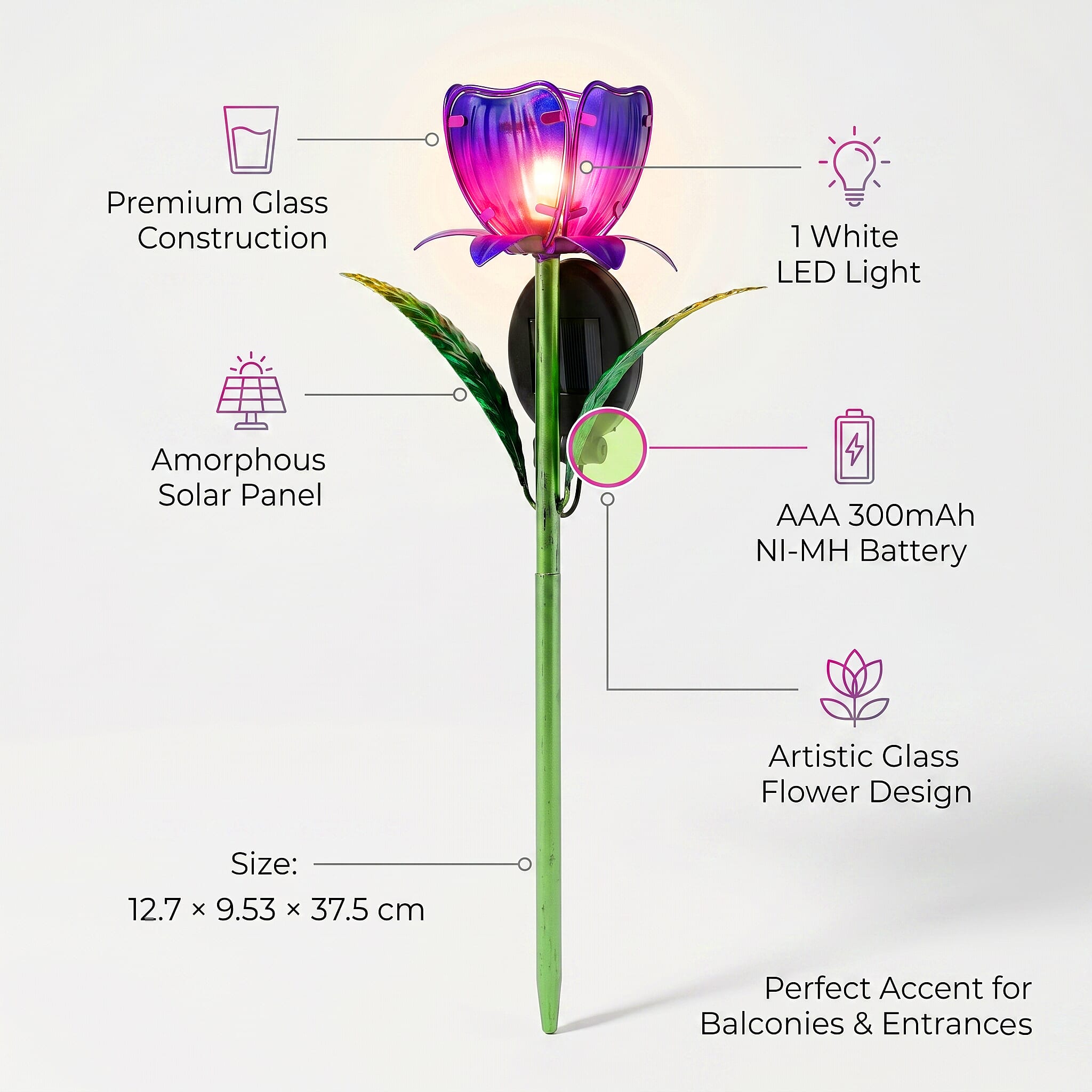 LIVMORE Solar Glass Flower Garden Stake (37cm) - Purple & Green