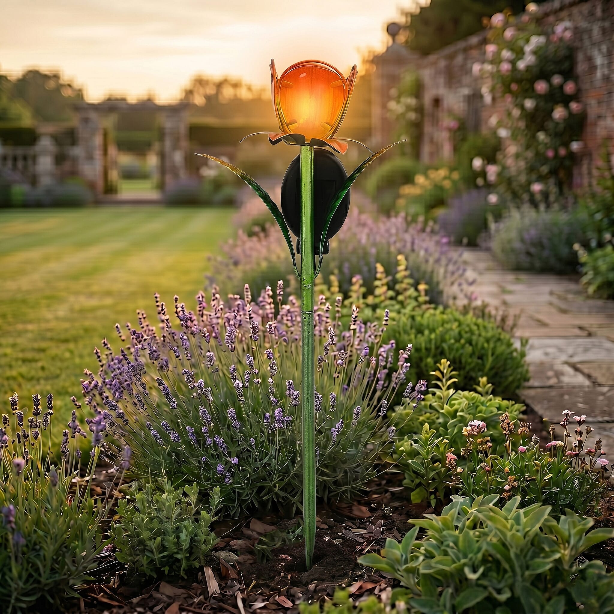 LIVMORE Solar Glass Flower Garden Stake (37cm) - Orange & Green