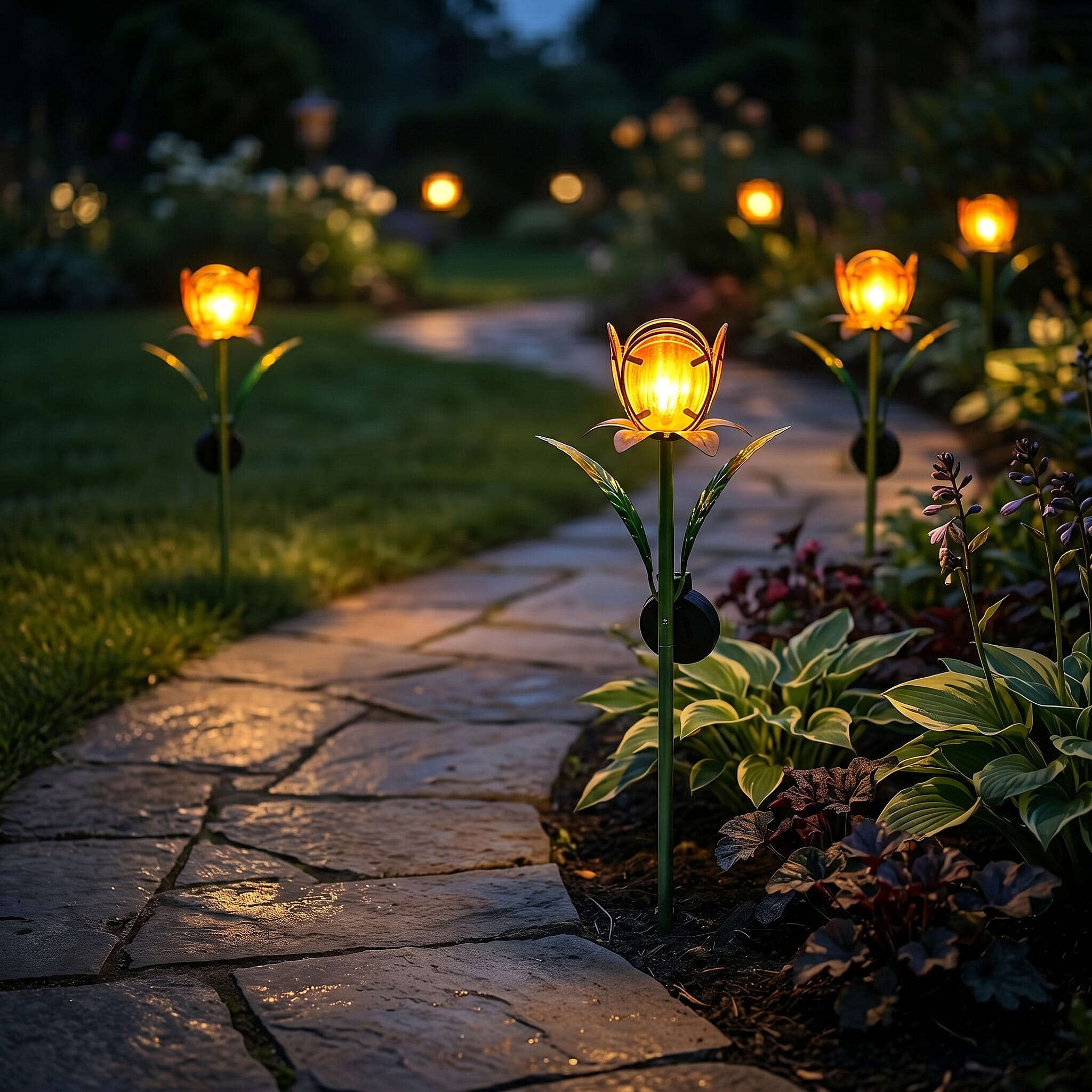 LIVMORE Solar Glass Flower Garden Stake (37cm) - Orange & Green