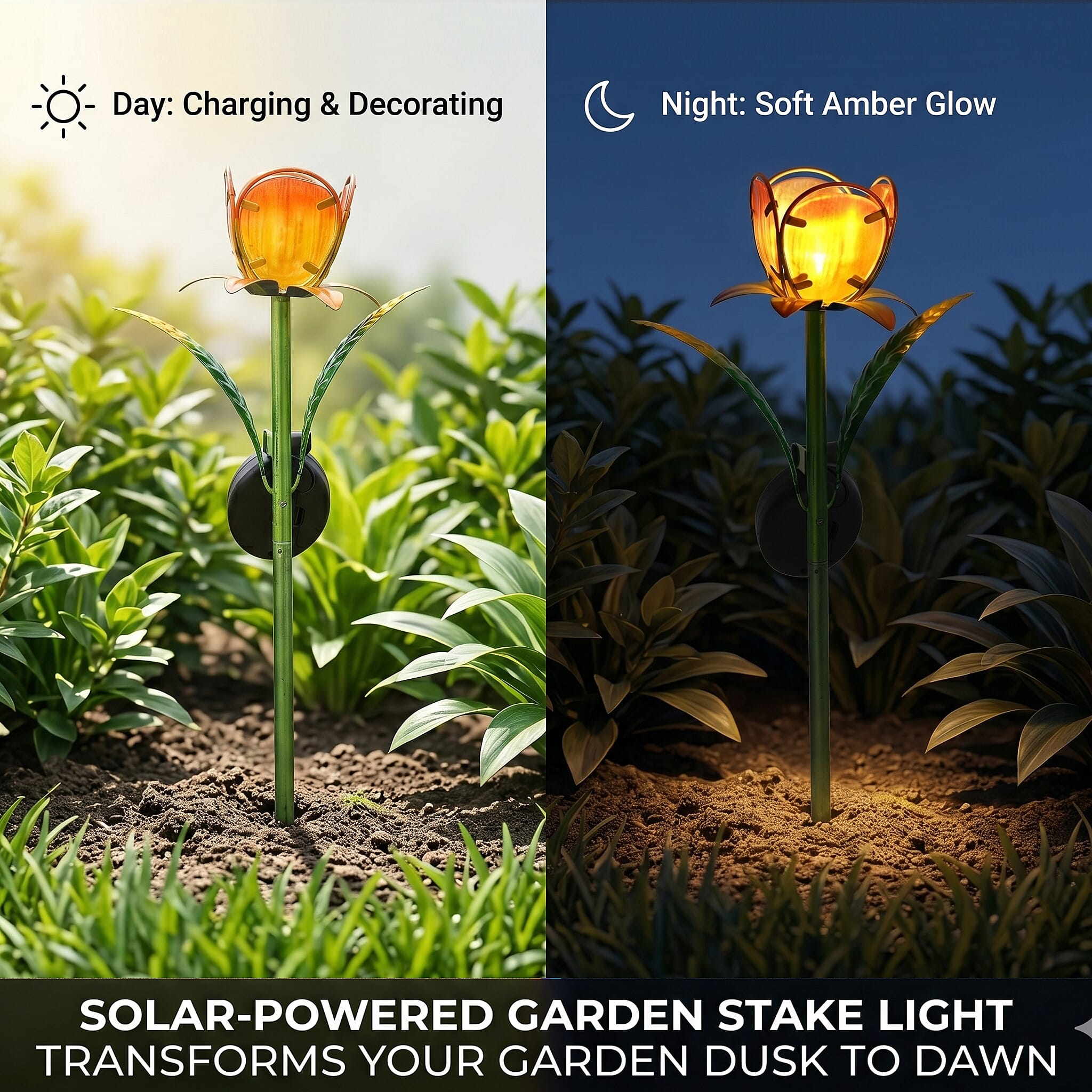LIVMORE Solar Glass Flower Garden Stake (37cm) - Orange & Green