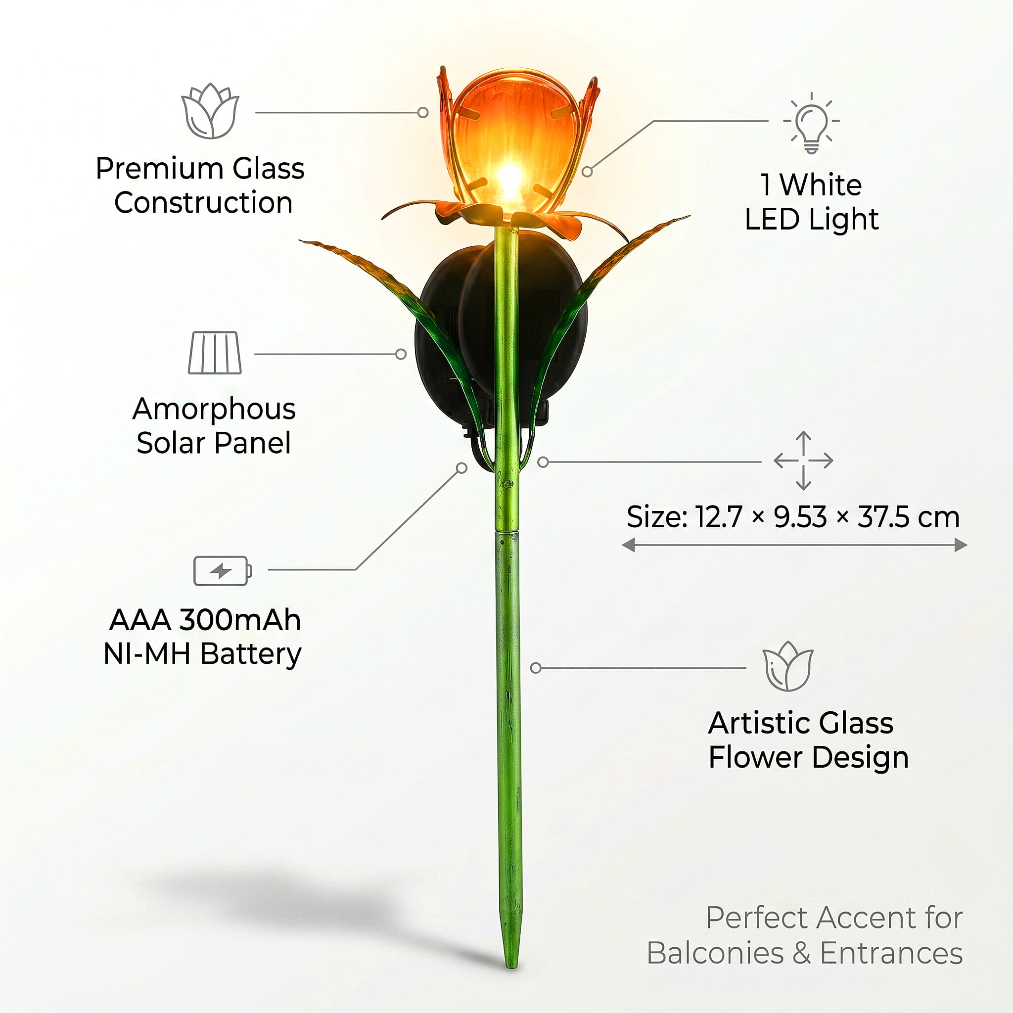 LIVMORE Solar Glass Flower Garden Stake (37cm) - Orange & Green