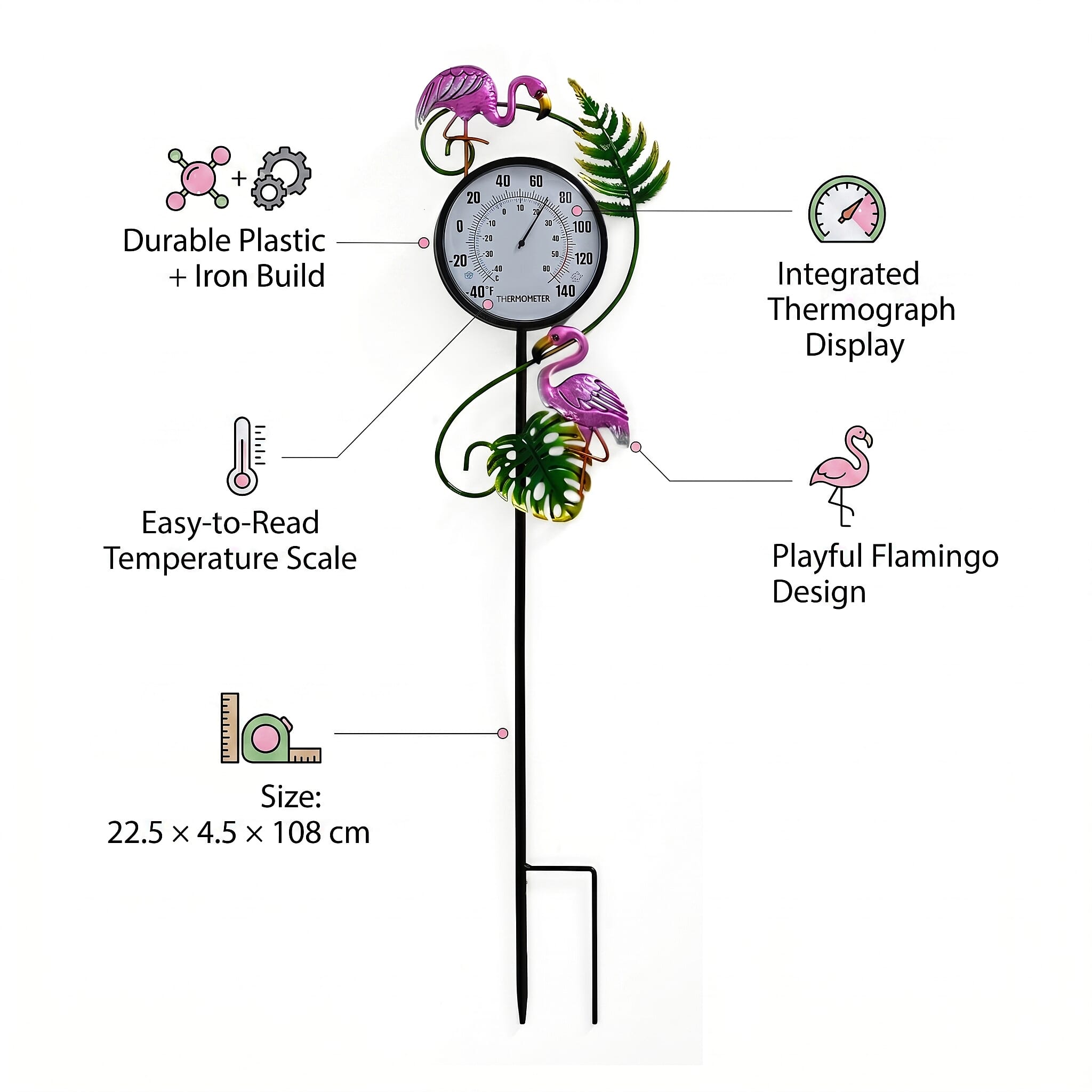 LIVMORE Flamingo Thermograph Stake (108cm) - Pink & Green