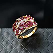 D'Joy Orissa Natural Rhodolite Garnet & White Zircon Cluster Ring in Yellow Gold Plated Sterling Silver 3.32 Ct.
