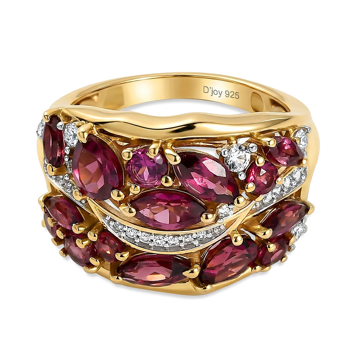 D'Joy Rhodolite Garnet, White Zircon Cluster Ring in 18K YG PlatingSterling Silver  3.319  Ct.