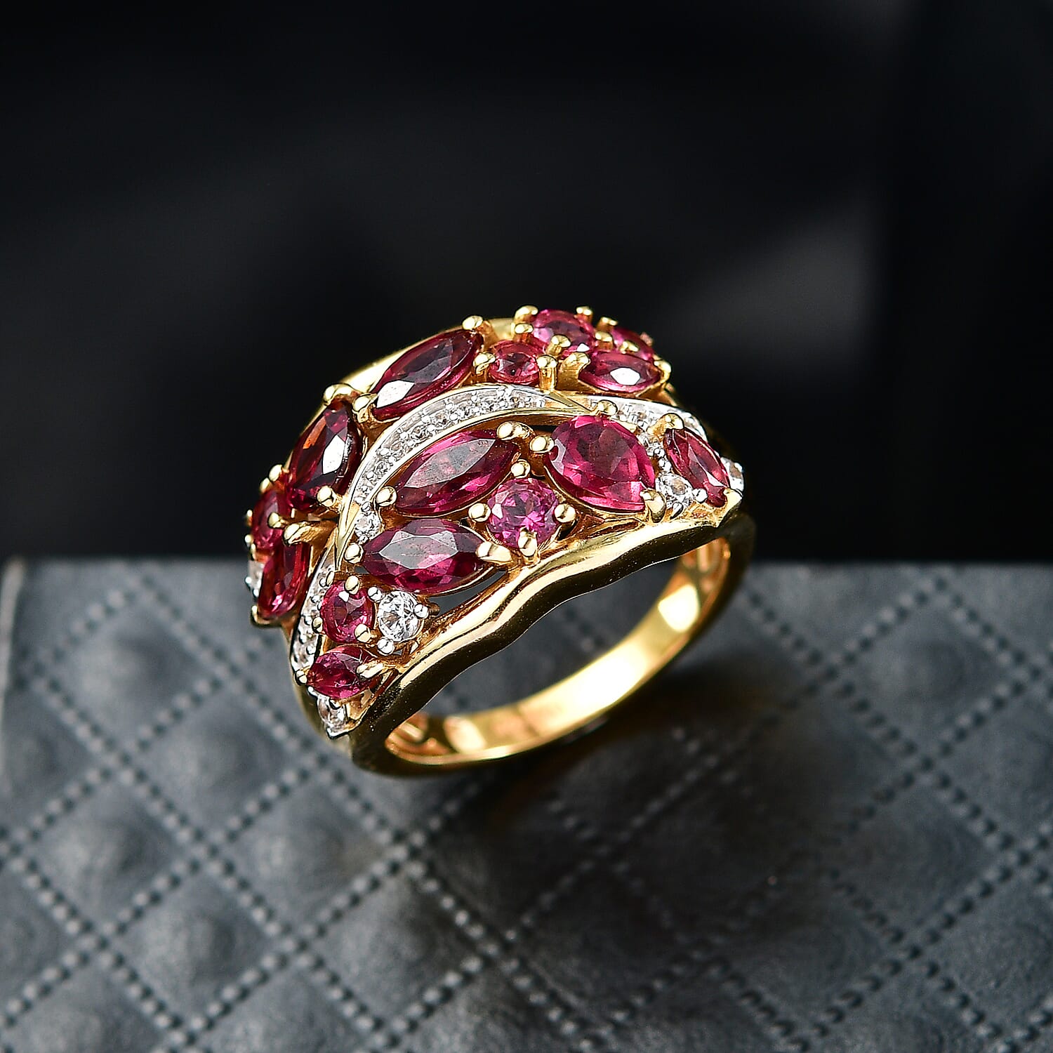 D'Joy Rhodolite Garnet, White Zircon Cluster Ring in 18K YG PlatingSterling Silver  3.319  Ct.