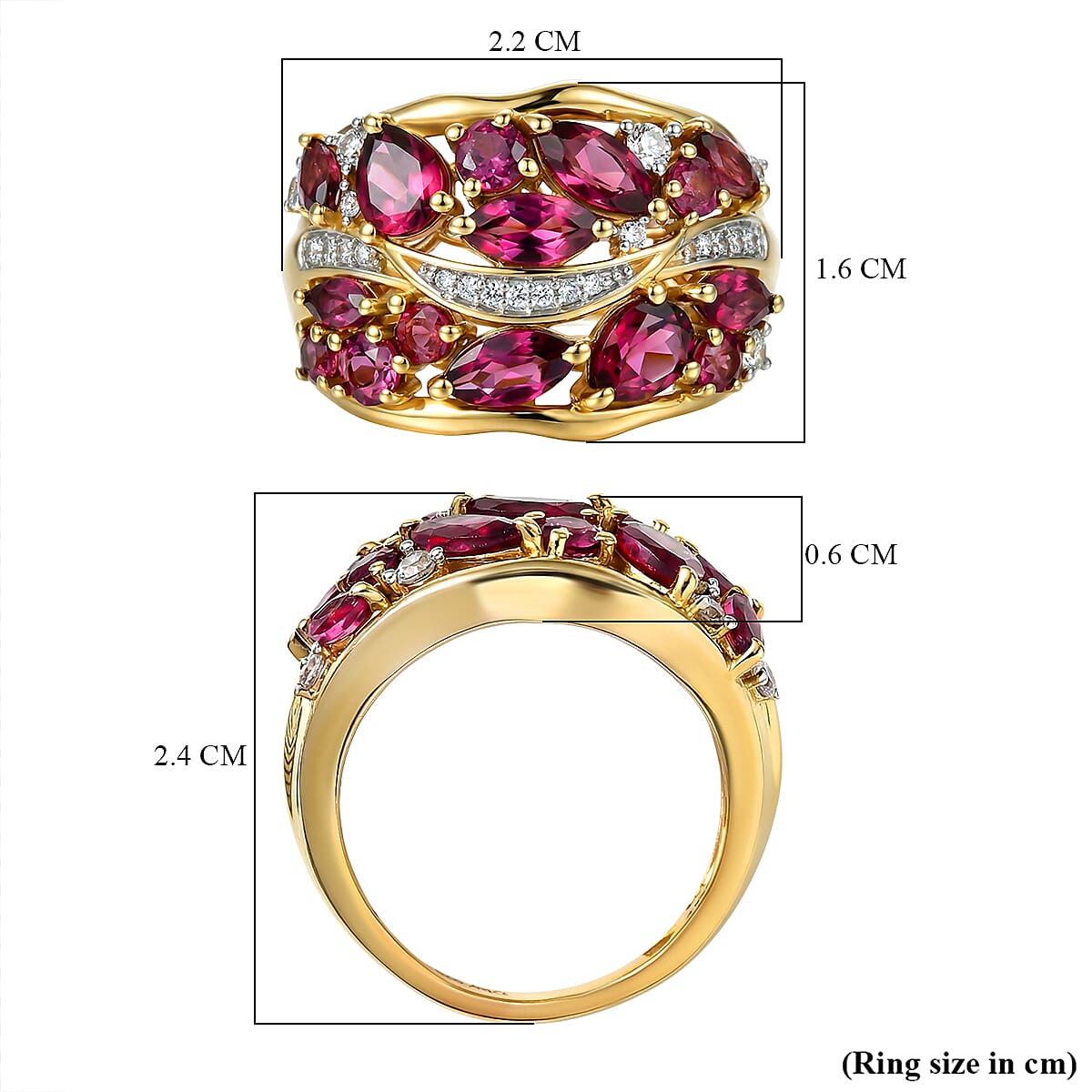 D'Joy Rhodolite Garnet, White Zircon Cluster Ring in 18K YG PlatingSterling Silver  3.319  Ct.