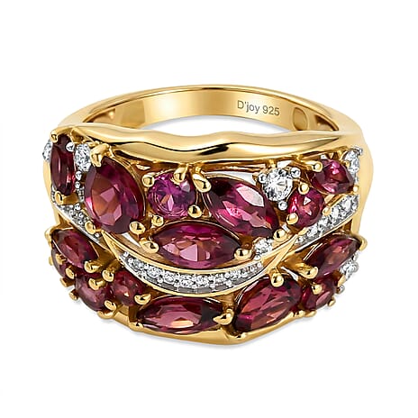 D'Joy Rhodolite Garnet, White Zircon Cluster Ring in 18K YG PlatingSterling Silver  3.319  Ct.