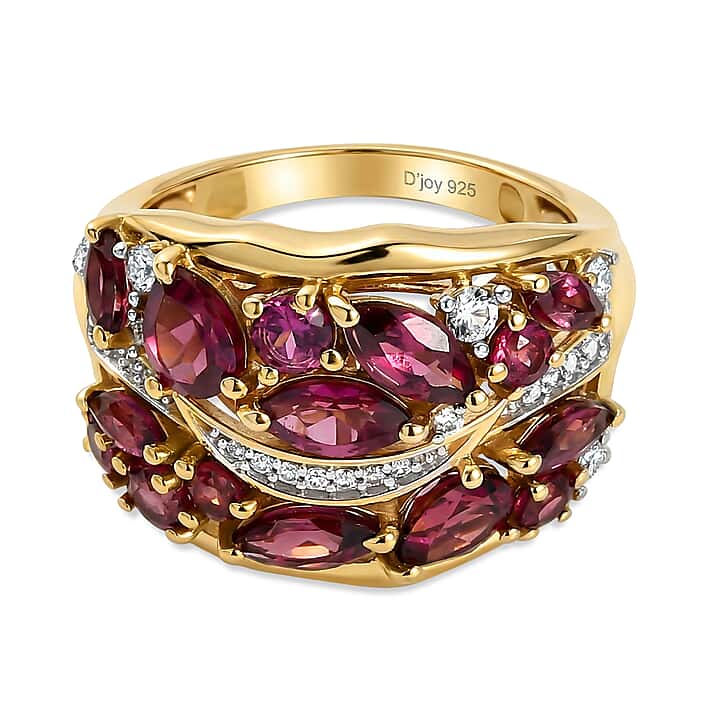 D'Joy Orissa Natural Rhodolite Garnet and White Zircon Cluster Ring in Yellow Gold Plated Sterling Silver 3.32 Ct.