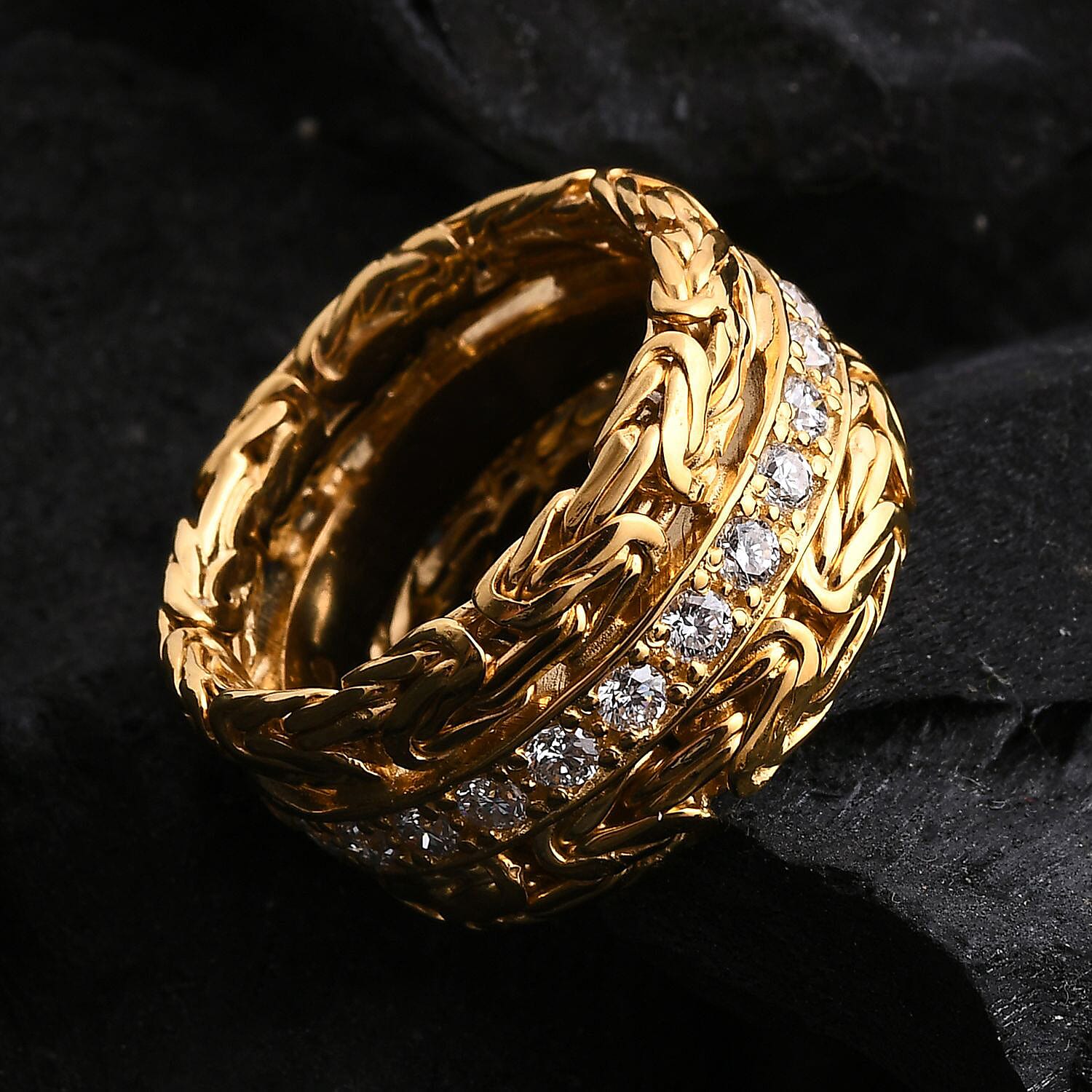 Luxuriant Lab Grown Diamond (SI-GH)  Ring in 22K Vermeil Yellow Gold Plated Sterling Silver, Silver Wt. 12.07 Gms