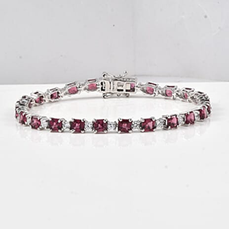 D'Joy Rhodolite Garnet, White Zircon Cluster Bracelet (Size - 7) in Rhodium OverlaySterling Silver, Silver Wt.10 Gms  13.200  Ct.