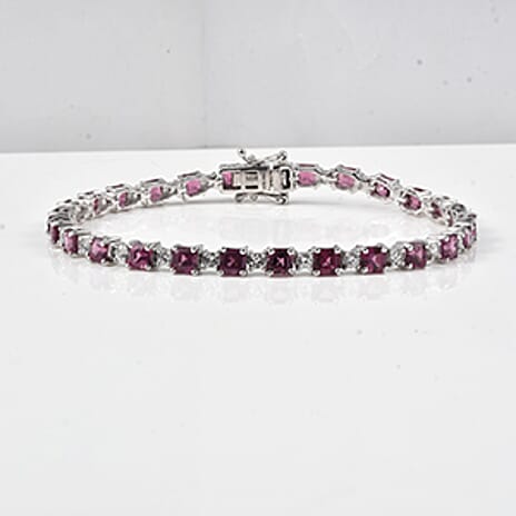 D'Joy Rhodolite Garnet, White Zircon Cluster Bracelet (Size - 7.5) in Rhodium OverlaySterling Silver, Silver Wt.10 Gms  13.540  Ct.