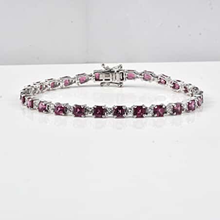 D'Joy Orissa Natural Rhodolite Garnet, White Zircon Link Bracelet (Size - 7) with Box Clasp in Rhodium Overlay Sterling Silver, 13.2 Ct.