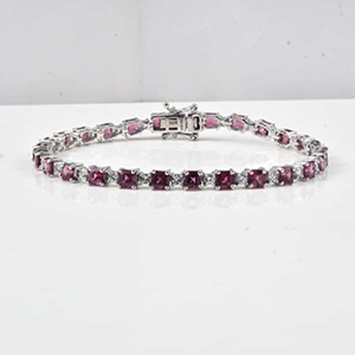 D'Joy Orissa Natural Rhodolite Garnet, White Zircon Link Bracelet (Size - 7) with Box Clasp in Rhodium Overlay Sterling Silver, 13.2 Ct.