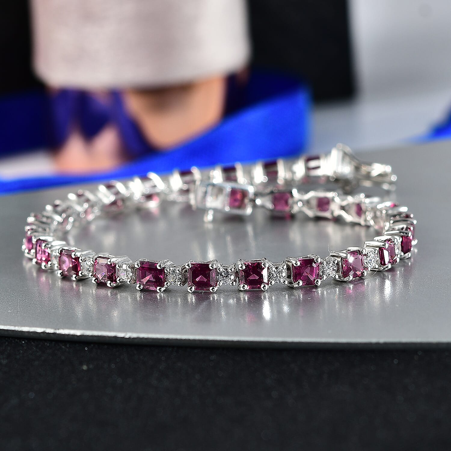 D'Joy Rhodolite Garnet, White Zircon Cluster Bracelet (Size - 7.5) in Rhodium OverlaySterling Silver, Silver Wt.10 Gms  13.540  Ct.
