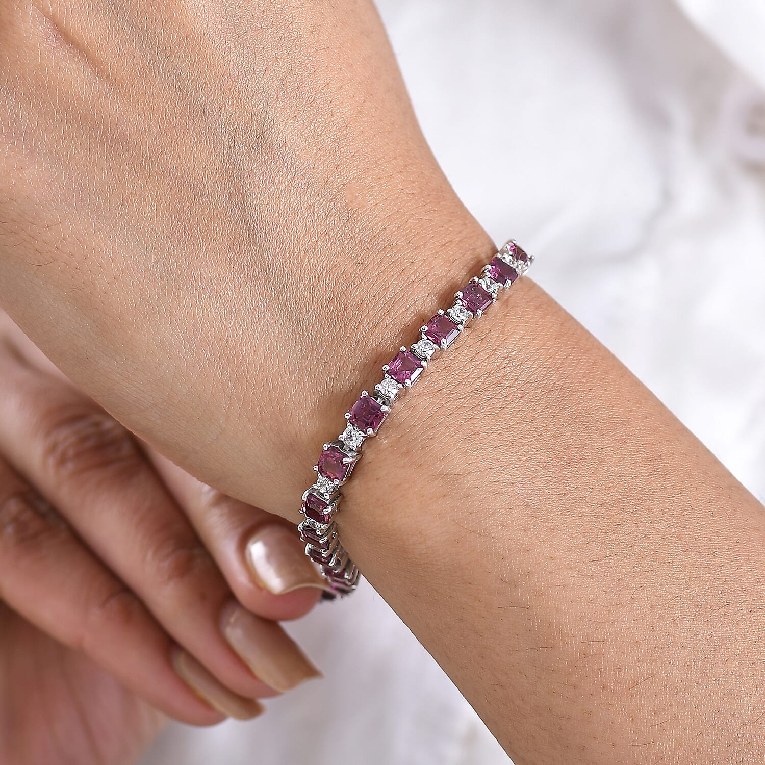 D'Joy Rhodolite Garnet, White Zircon Cluster Bracelet (Size - 7.5) in Rhodium OverlaySterling Silver, Silver Wt.10 Gms  13.540  Ct.