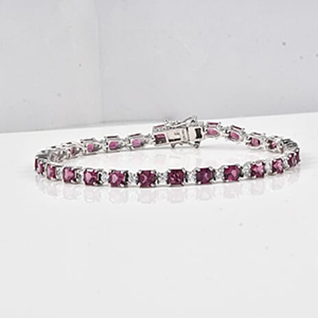 D'Joy Rhodolite Garnet, White Zircon Cluster Bracelet (Size - 8) in Rhodium OverlaySterling Silver, Silver Wt.10 Gms  13.635  Ct.