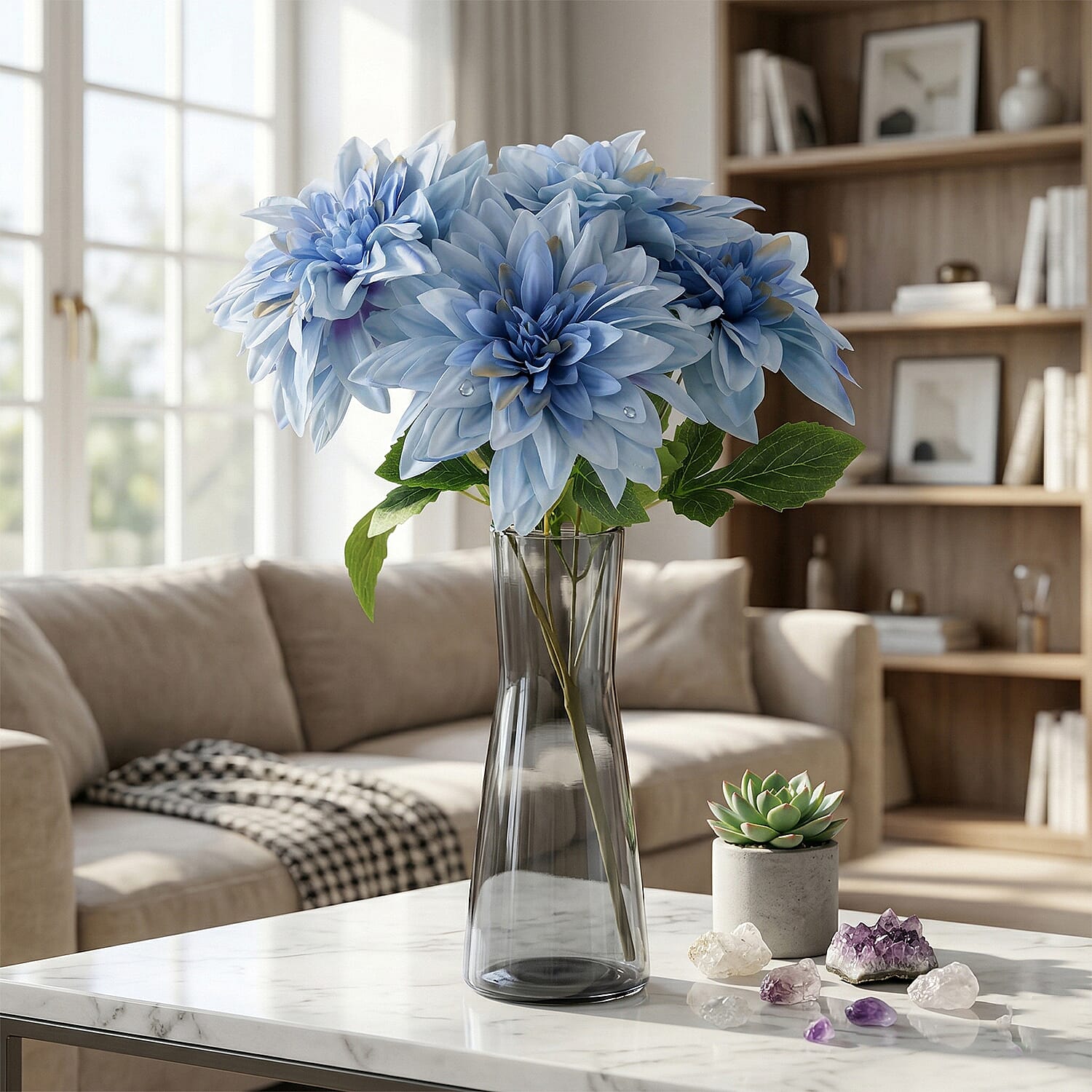 7- Head Artificial Dahlia Flower (43cm) - Blue