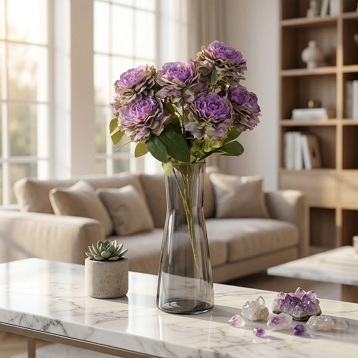 9-Heads Artificial Flower Bush (43cm) - Purple