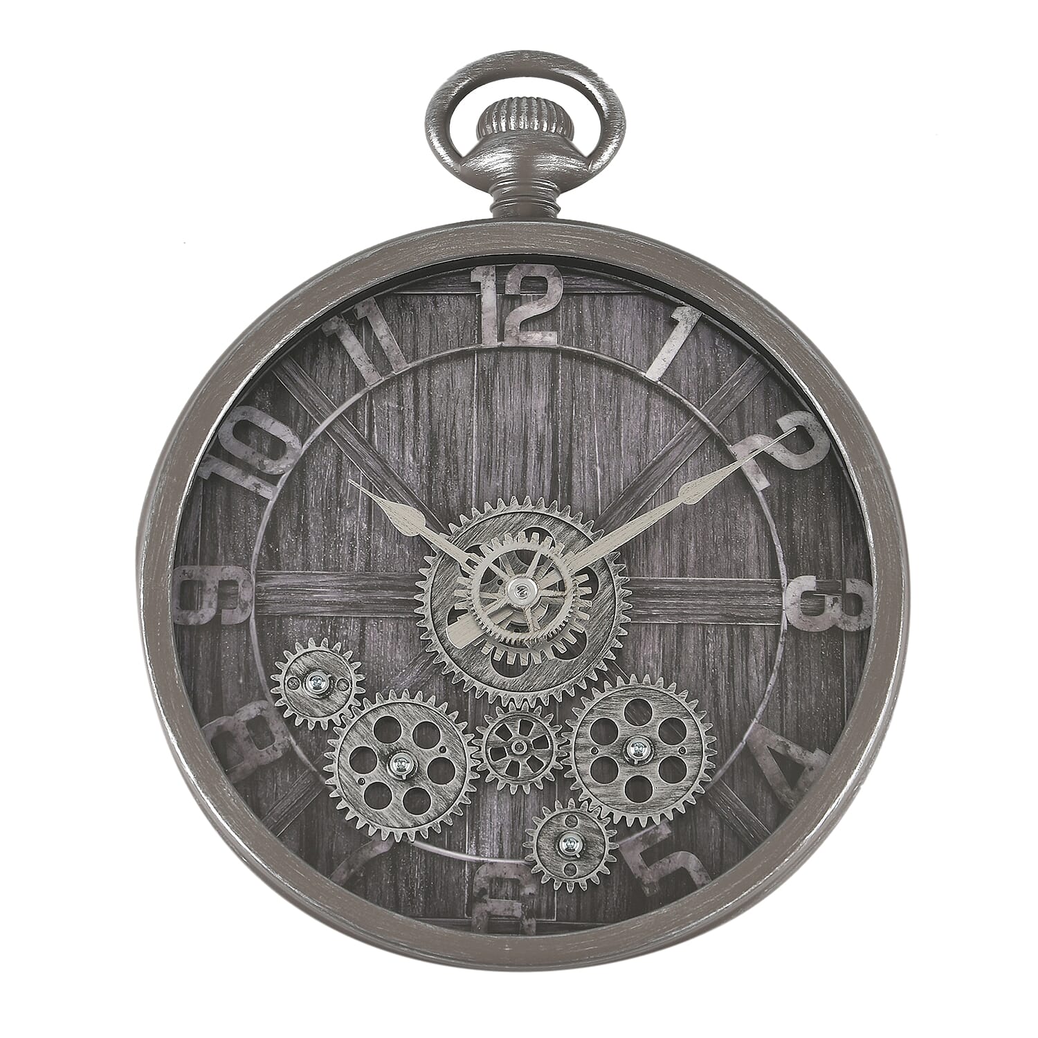 Rotating Gears Roman Numeral Timepiece - Industrial Moving Cog Skeleton Clock (26.8cm Dia) - Silver