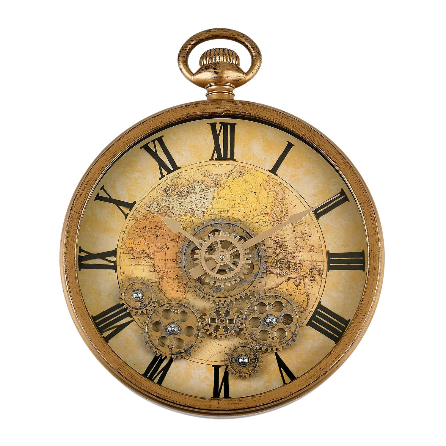 Rotating Gears Roman Numeral Timepiece - Industrial Moving Cog Skeleton Clock (26.8cm Dia) - Gold