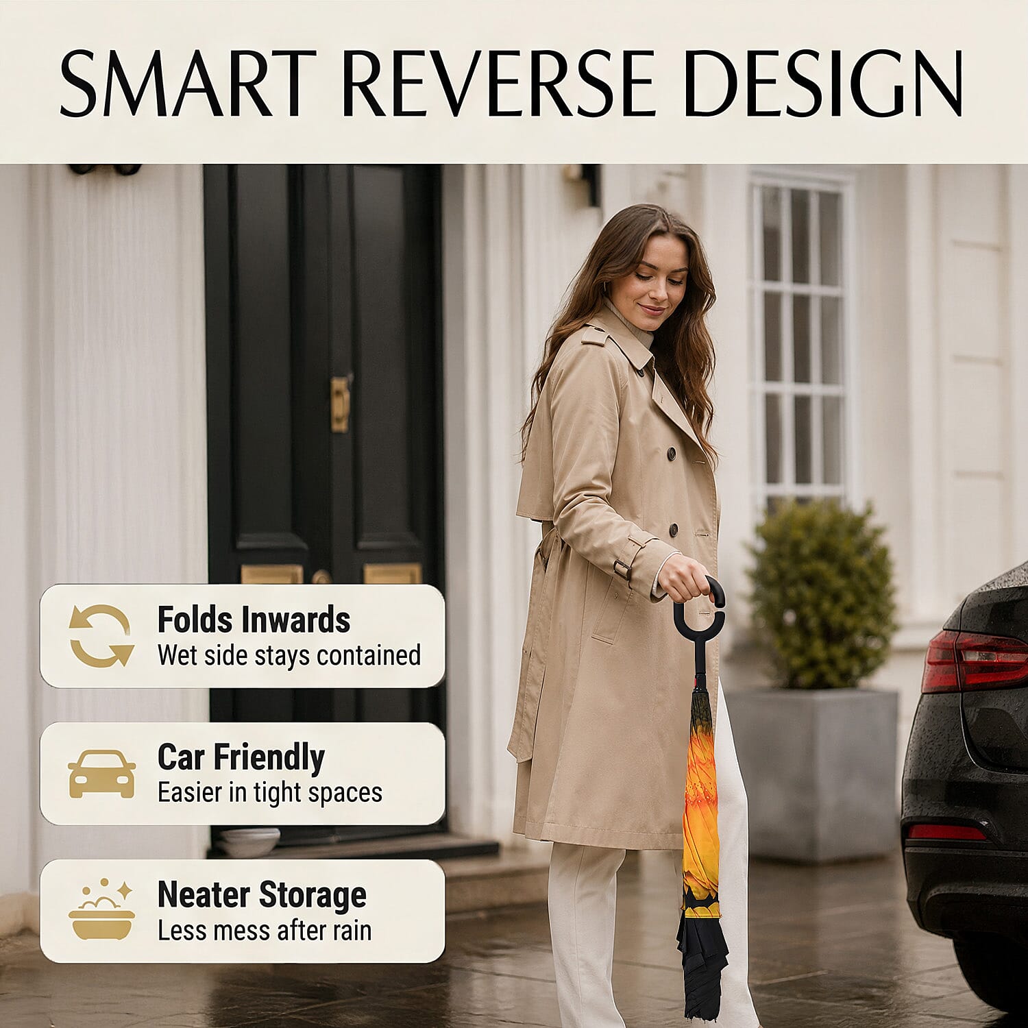 Manual Stick Reverse Umbrella (81cm) - Yellow - Black