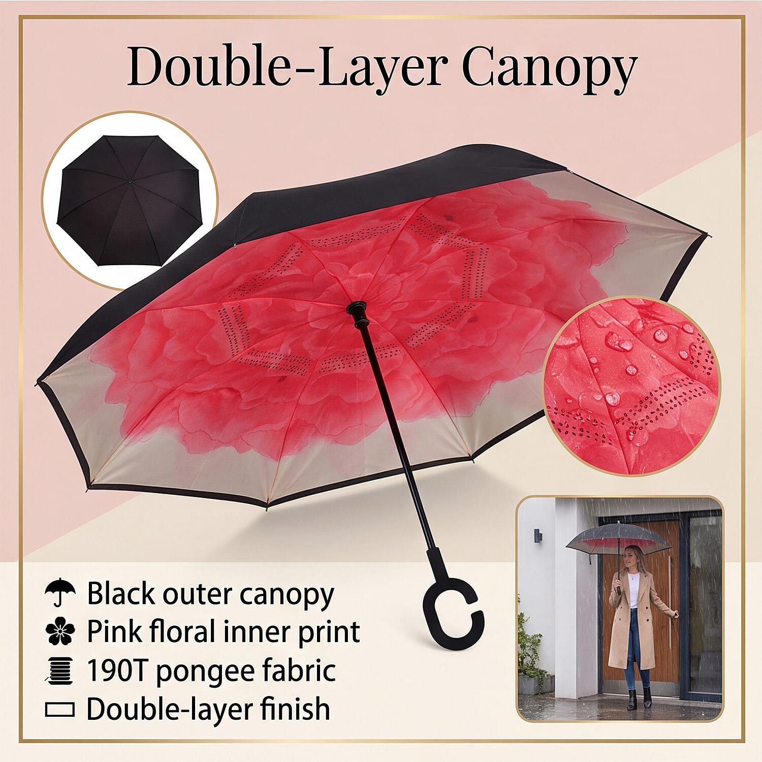 Manual Stick Reverse Umbrella (81cm) - Pink - Black
