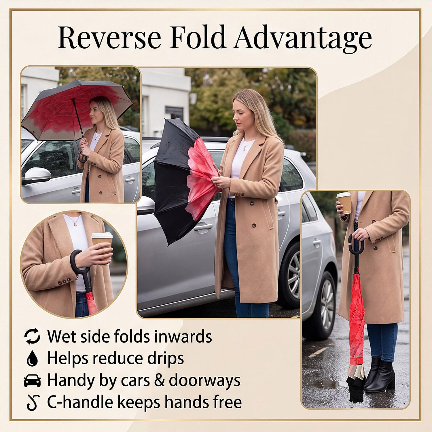 Manual Stick Reverse Umbrella (81cm) - Pink - Black