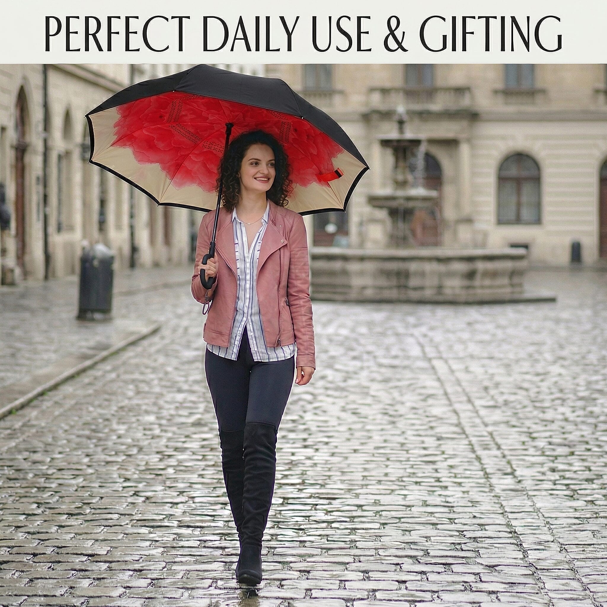 Manual Stick Reverse Umbrella (81cm) - Pink - Black