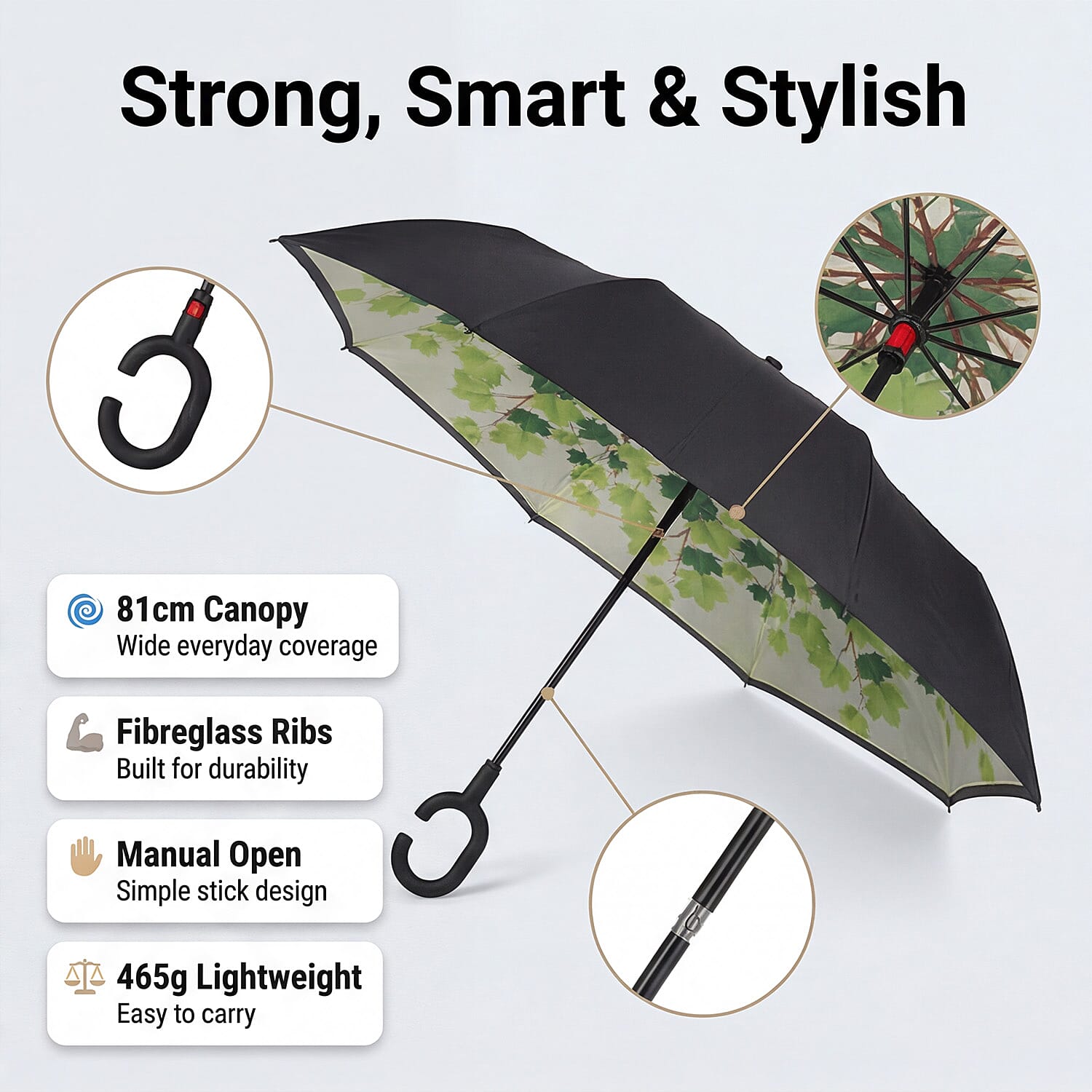 Manual Stick Reverse Umbrella (81cm) - Green - Black
