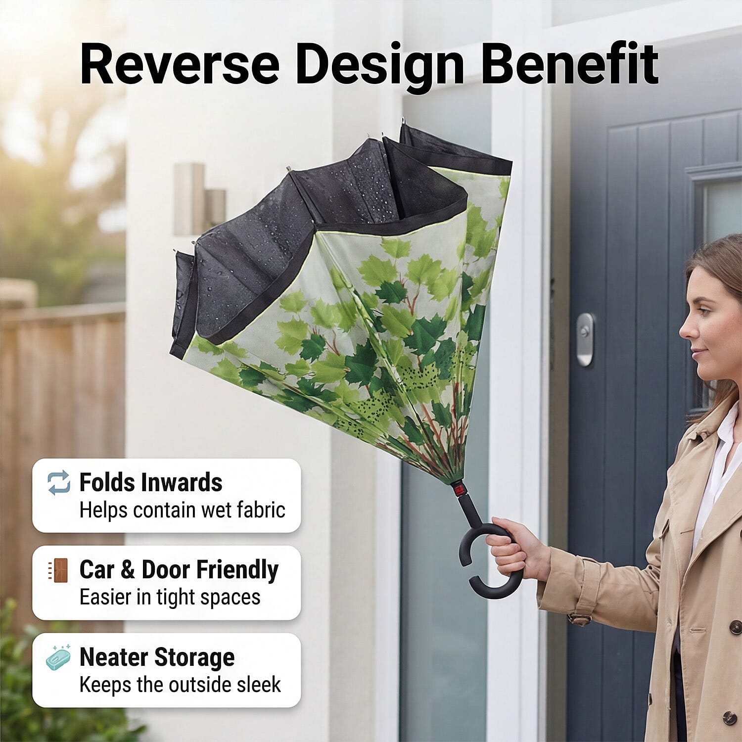 Manual Stick Reverse Umbrella (81cm) - Green - Black