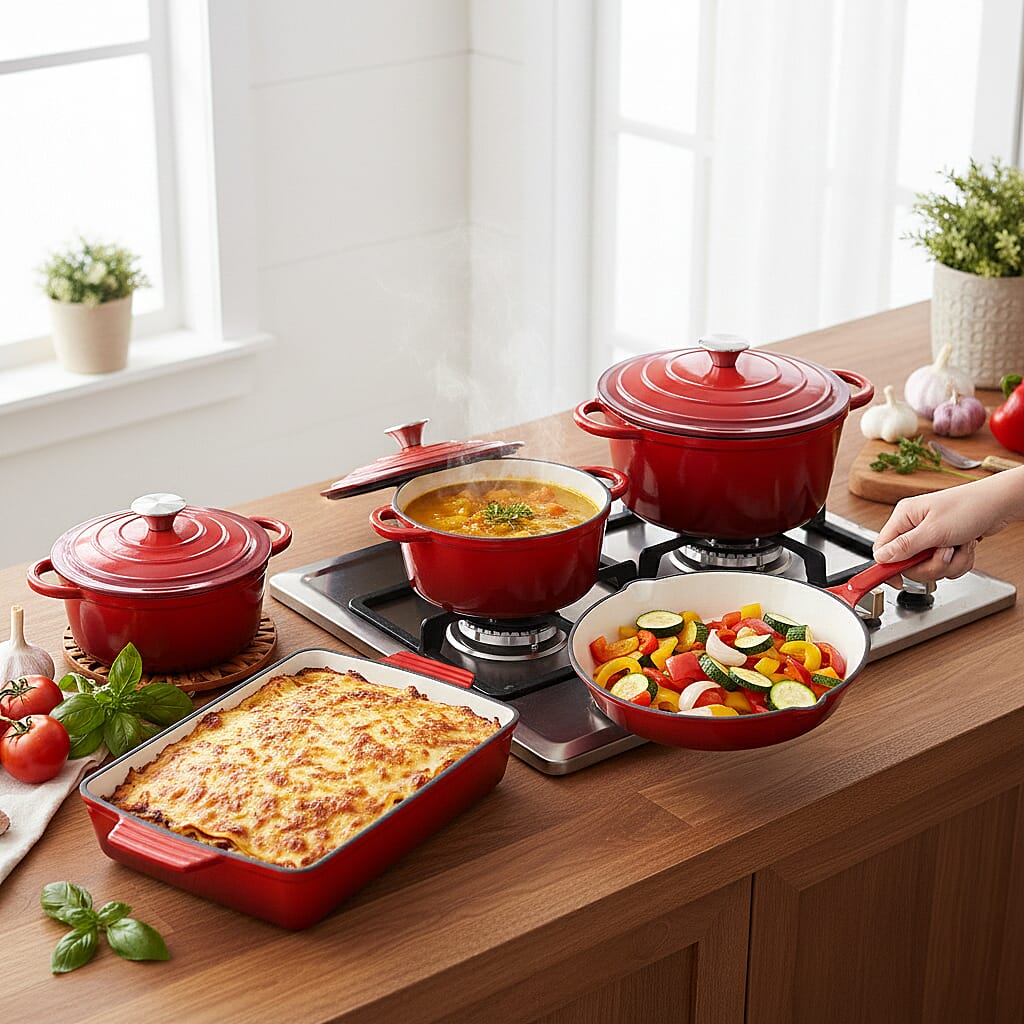 5-Piece Enamelled Cast Iron Cookware Set - 2L, 3L & 4L Lidded Casserole, Bakeware, & Square Roaster - Red