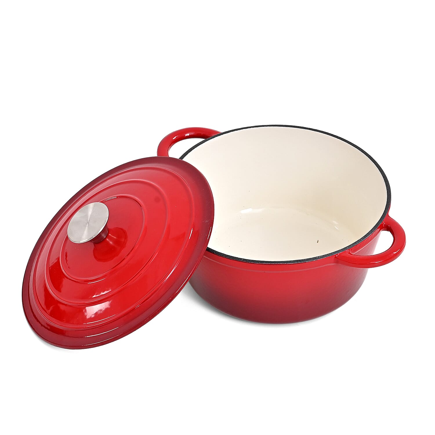 5-Piece Enamelled Cast Iron Cookware Set - 2L, 3L & 4L Lidded Casserole, Bakeware, & Square Roaster - Red