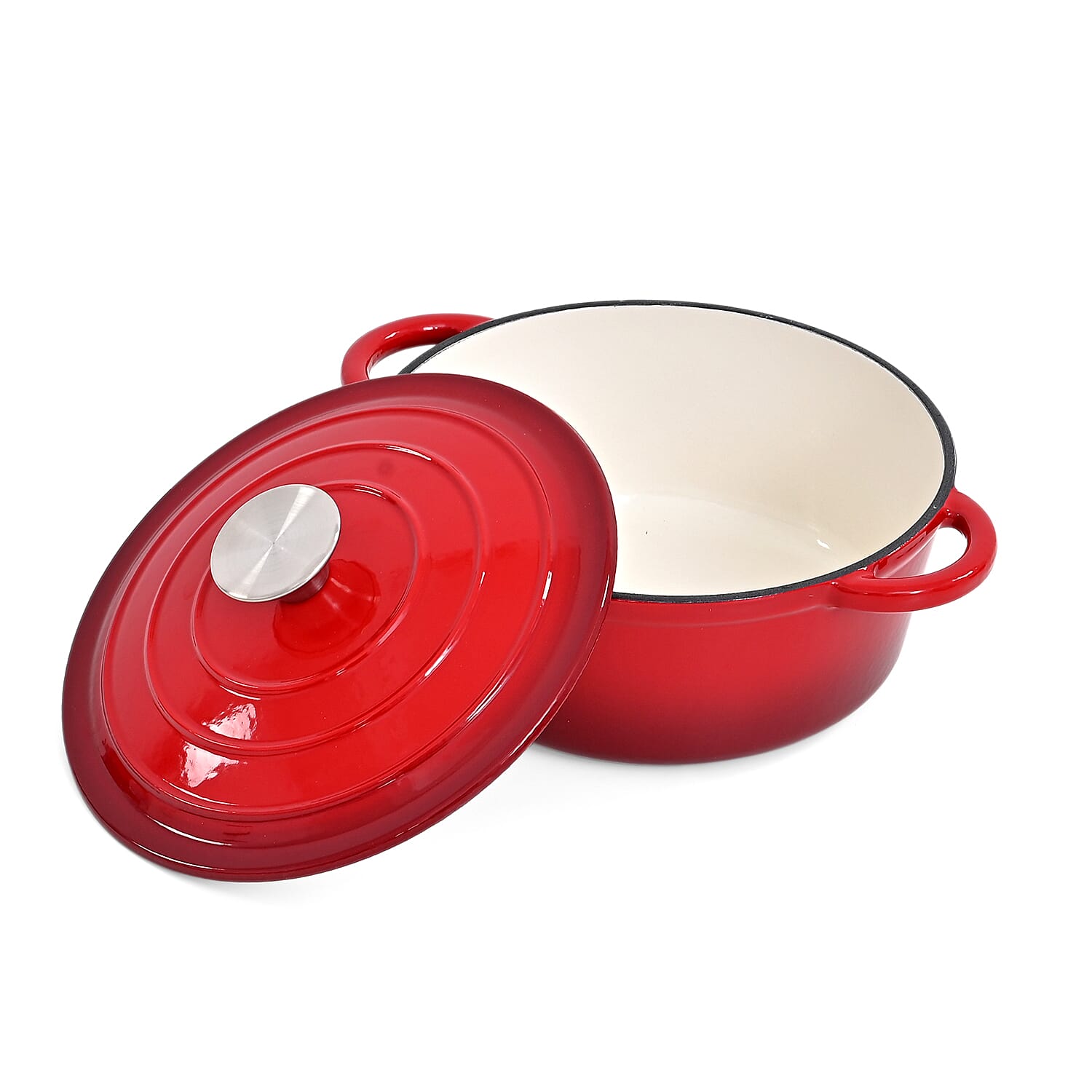 5-Piece Enamelled Cast Iron Cookware Set - 2L, 3L & 4L Lidded Casserole, Bakeware, & Square Roaster - Red