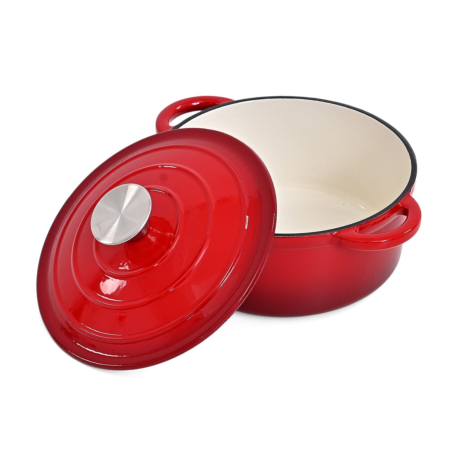 5-Piece Enamelled Cast Iron Cookware Set - 2L, 3L & 4L Lidded Casserole, Bakeware, & Square Roaster - Red