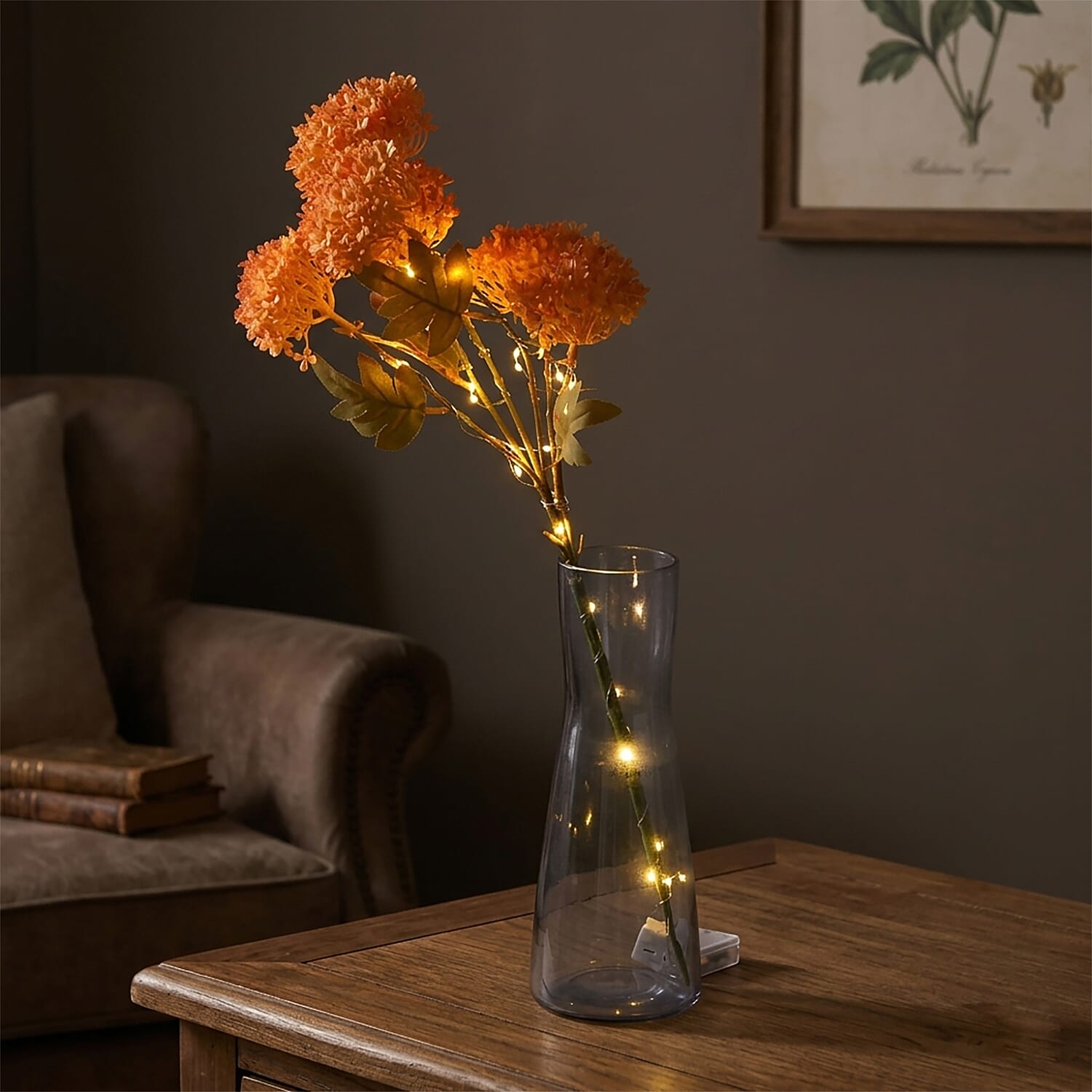 Set of 2 Artificial Three-Headed Faux Flower Branches with LED Lights (60 cm) - Orange