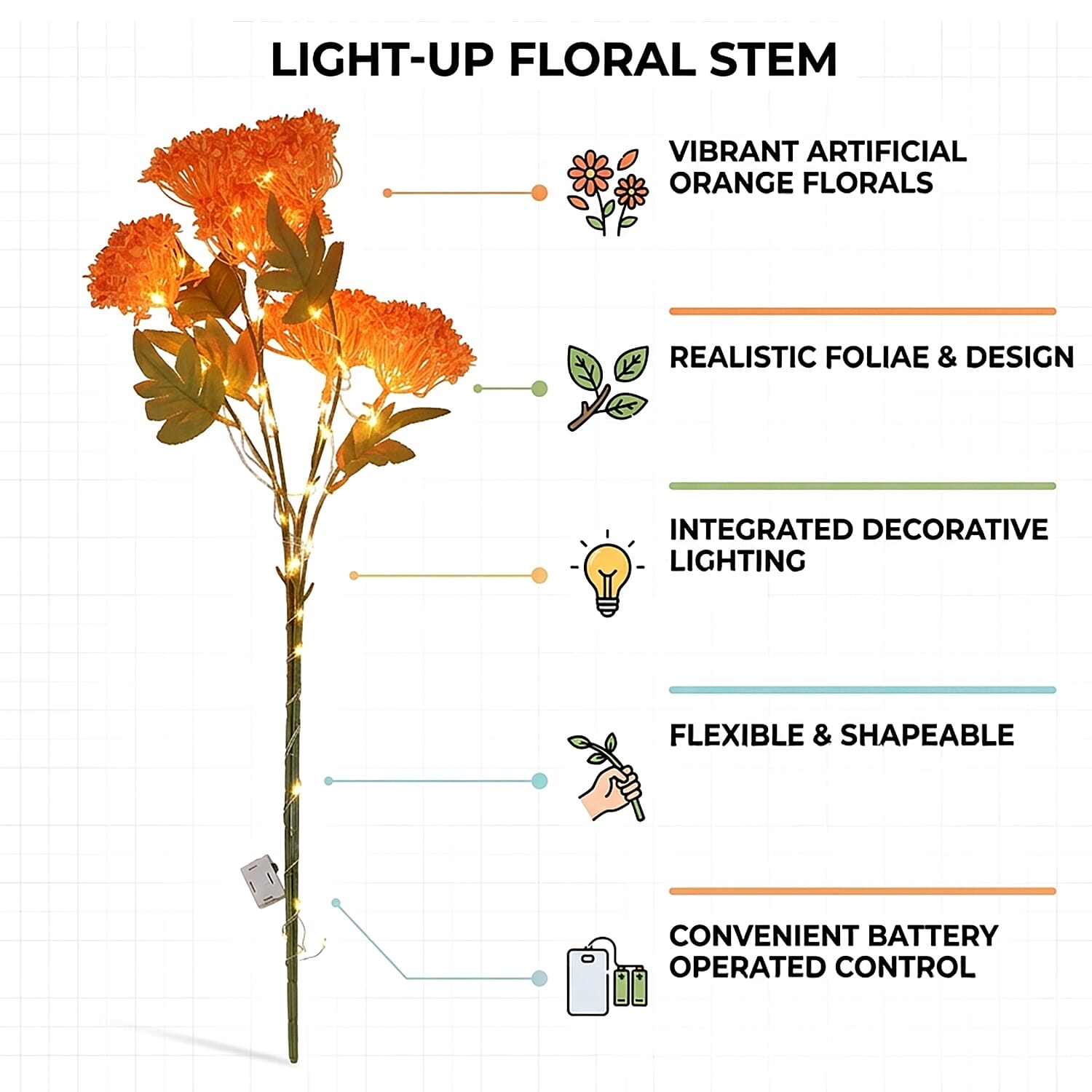 Set of 2 Artificial Three-Headed Faux Flower Branches with LED Lights (60 cm) - Orange