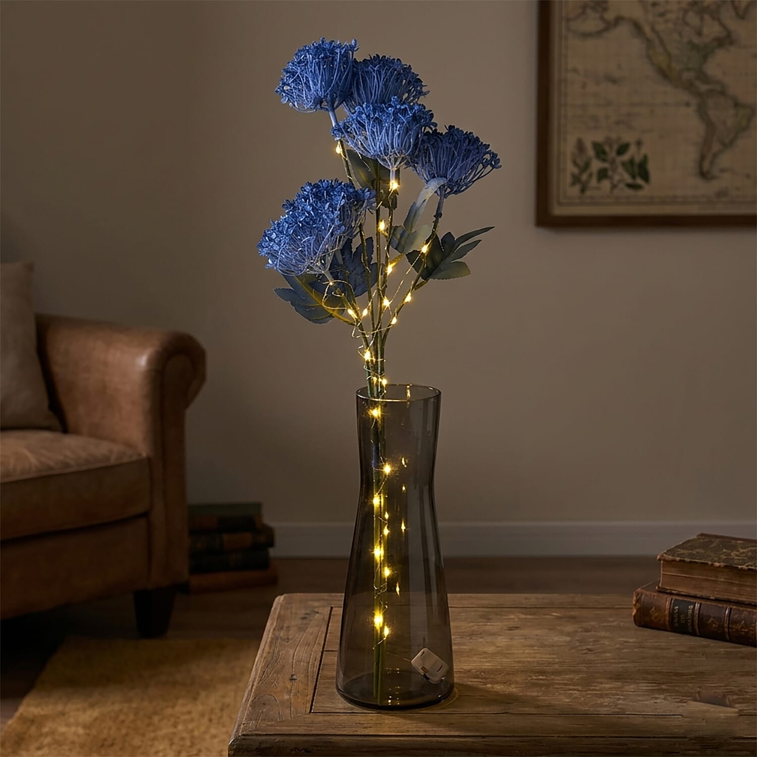 Set of 2 Artificial Three-Headed Faux Flower Branches with LED Lights (60 cm) - Blue