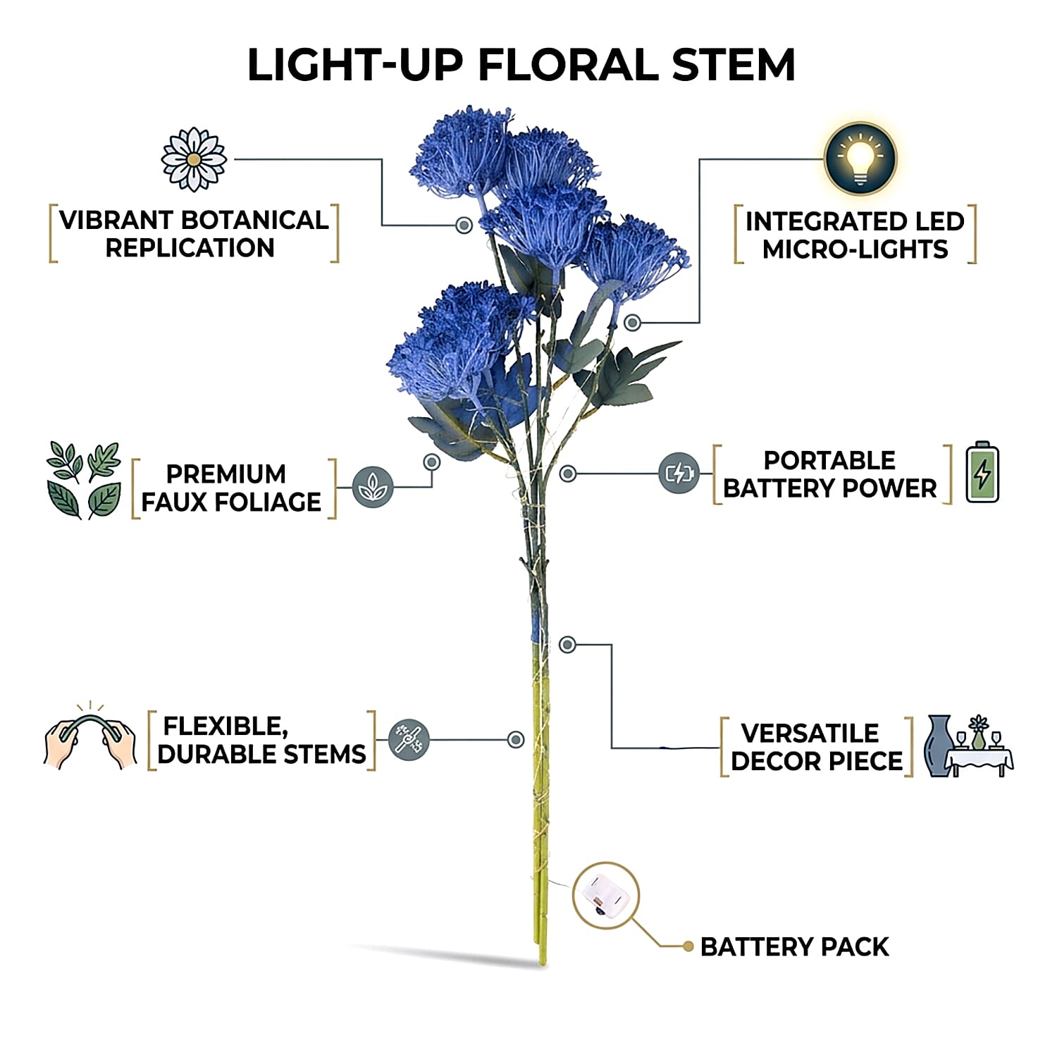 Set of 2 Artificial Three-Headed Faux Flower Branches with LED Lights (60 cm) - Blue