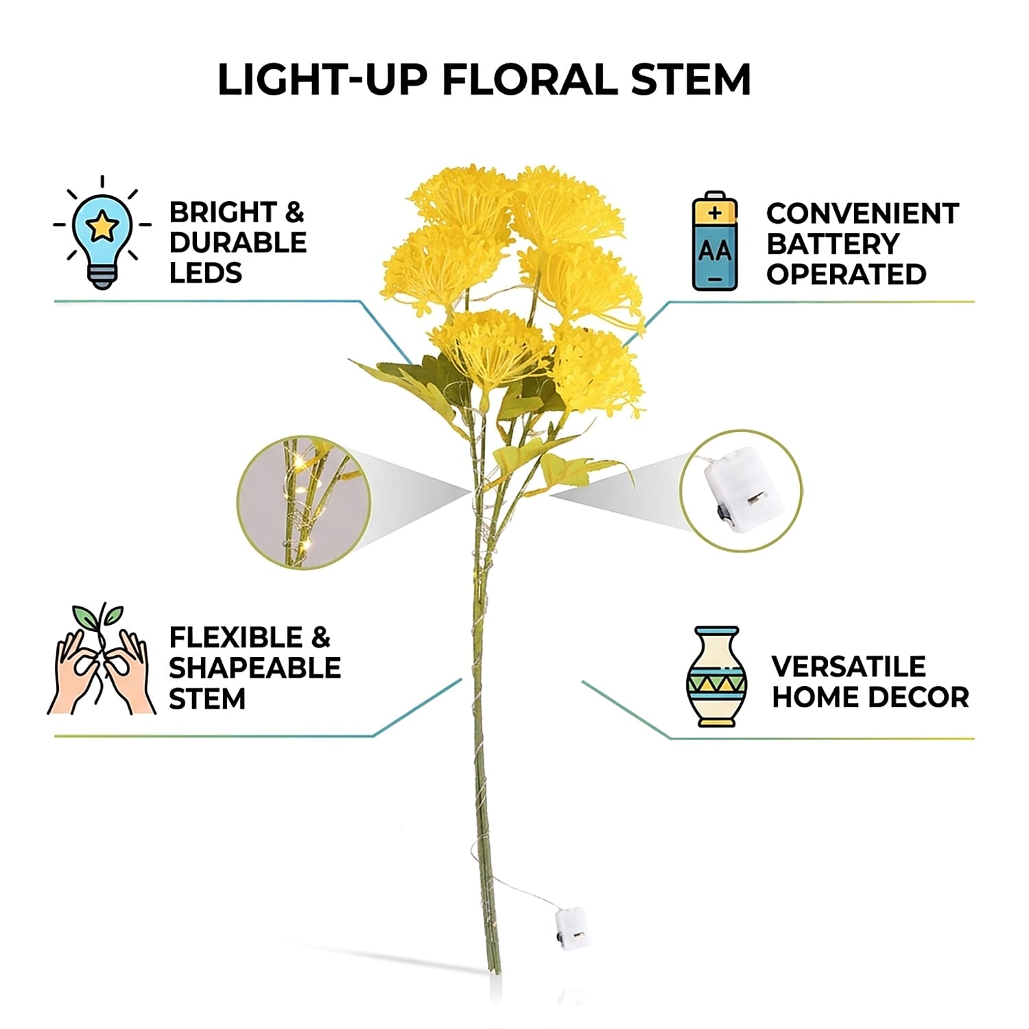 Set of 2 Artificial Three-Headed Faux Flower Branches with LED Lights (60 cm) - Yellow