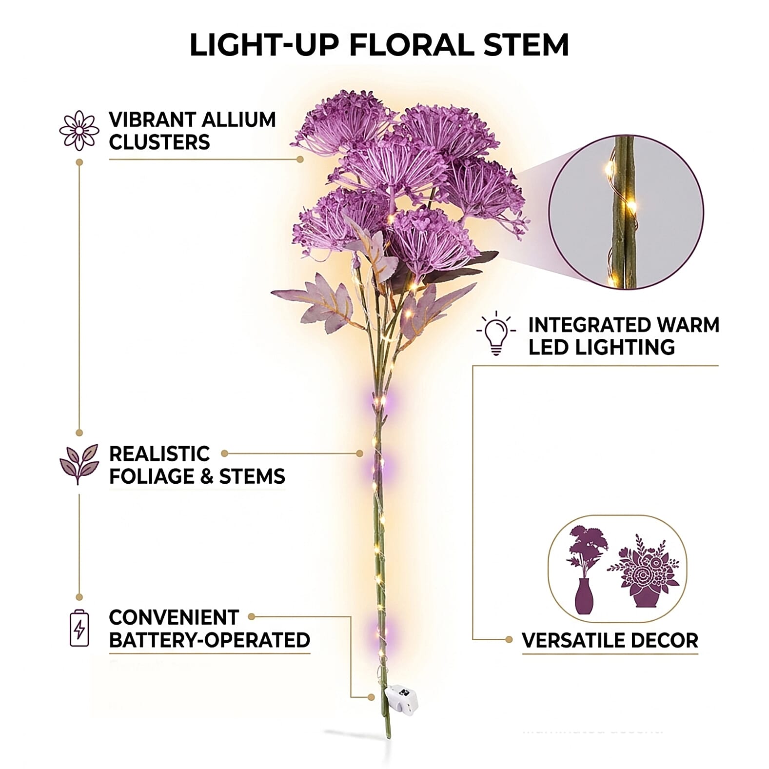 Set of 2 Artificial Three-Headed Faux Flower Branches with LED Lights (60 cm) - Pink