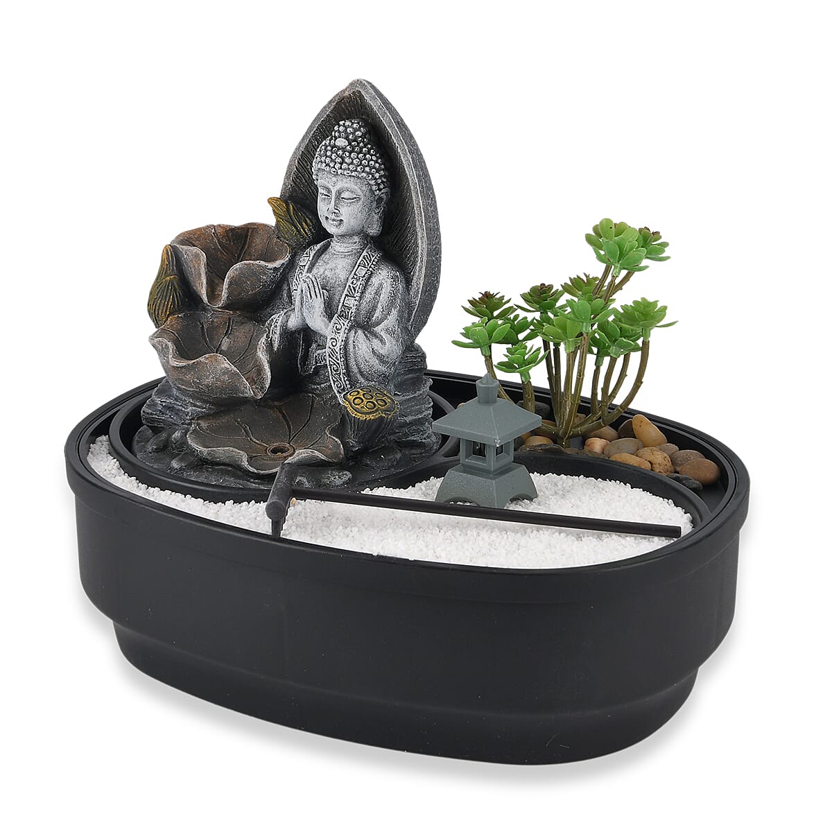 Buddha with Bonsai Tree USB Indoor Tabletop Zen Water Fountain (27.5 x 19 x 21 cm) - Black
