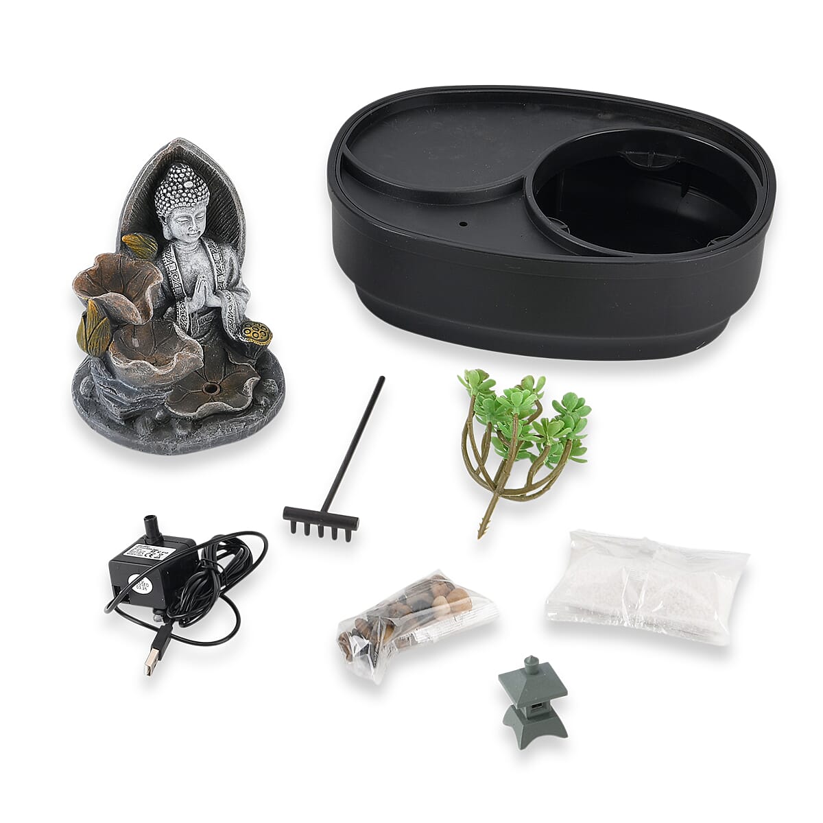 Buddha with Bonsai Tree USB Indoor Tabletop Zen Water Fountain (27.5 x 19 x 21 cm) - Black