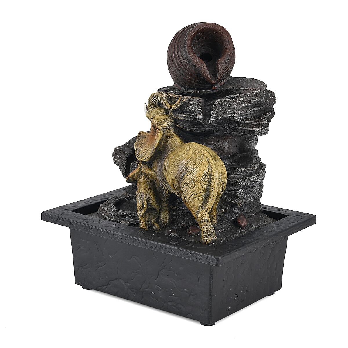 Pottery Jug and Elephant USB Indoor Tabletop Water Fountain (21.3 x 16.8 x 24.5 cm) - Black