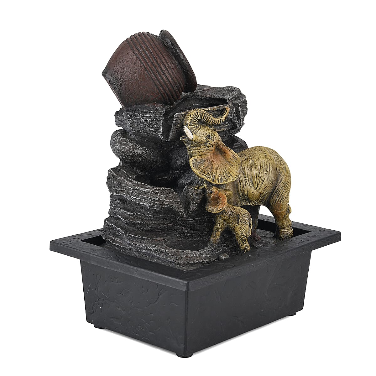 Pottery Jug and Elephant USB Indoor Tabletop Water Fountain (21.3 x 16.8 x 24.5 cm) - Black