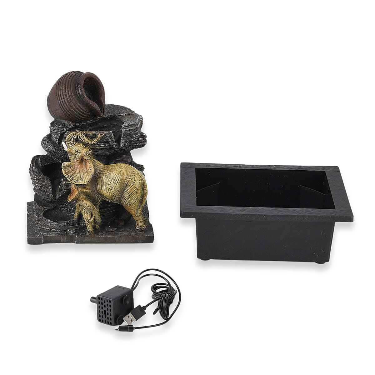 Pottery Jug and Elephant USB Indoor Tabletop Water Fountain (21.3 x 16.8 x 24.5 cm) - Black