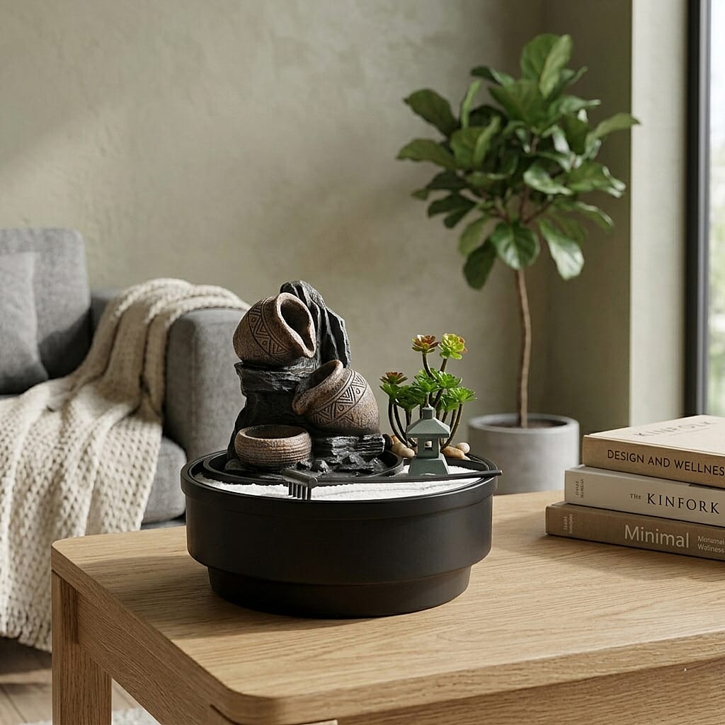 Cascading Pitcher Zen Garden USB Indoor Tabletop Water Fountain (21x21x20 cm) - Black