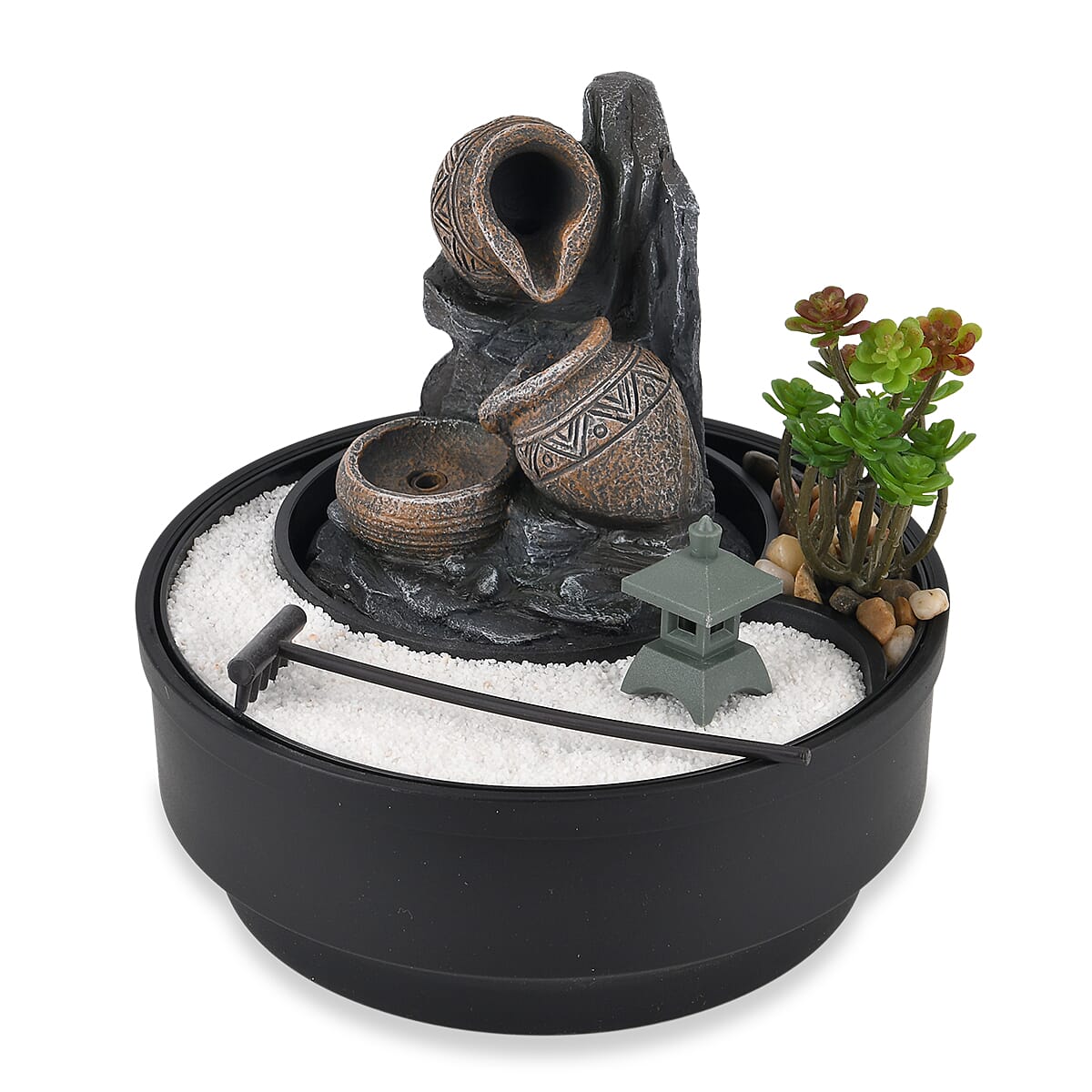 Cascading Pitcher Zen Garden USB Indoor Tabletop Water Fountain (21x21x20 cm) - Black